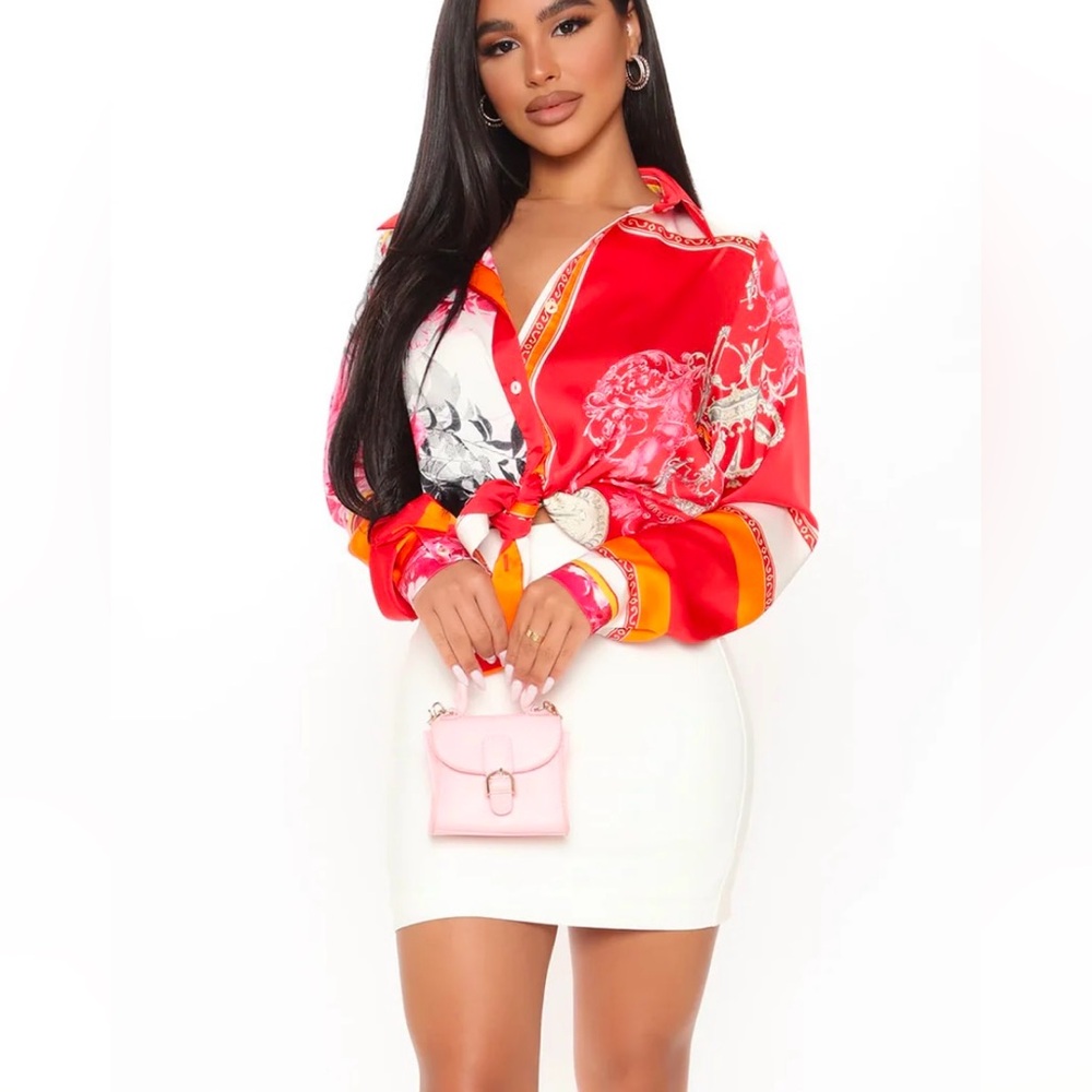Printed Satin Button-Up Top in Red & Pink - Picture 3 of 4